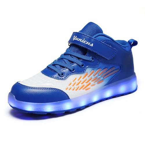 Kids Light up Shoes LED USB Charging Flashing High-top Wings Sneakers Boys Girls Trainers for Festivals Halloween Christmas New Year Party Great Gift - color: Blue White, size: 13.5 Little Kid