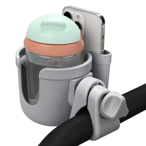 Accmor Stroller Cup Holder with Phone Holder, Bike Cup Holder, Walker Scooter Wheelchair Cup Holder Attachment, Universal Cup Holder for Uppababy Graco Strollers - color: All Grey