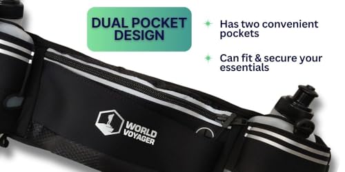 Hydrabelt Ultra Hydration Belt for Runners, 2 Pockets, 10oz BPA Free Water Bottles, No Bounce, Waterproof, Black, One Size, Hydration belt with 2 pockets and 2 water bottles