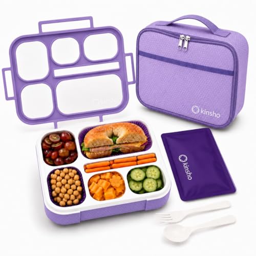 kinsho Bento Lunch Box, Ice Pack Insulated Bag for Kids Girls Teens, Purple - color: Purple