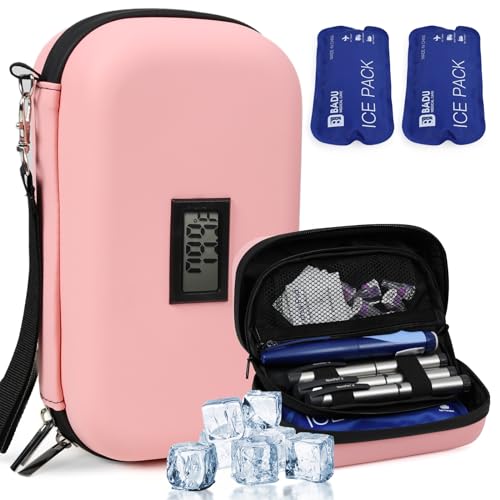 Insulin Cooler Travel Case TSA Approved Refrigerated Medicine Cooler for Travel w/Thermometer Temperature Diabetic Travel Case w/2 Reusable Ice Packs for Daily Life Trip, Pink - color: Pink