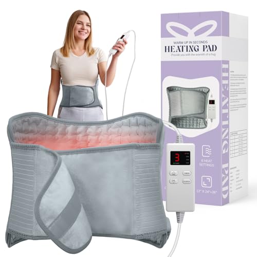 Heating Pad for Back, Upgraded Electric Heating Pad for Low Back Neck Shoulder Pain Relief, 12 x 24+26" Large Heat Pad with 4 Timer 6 Heat Setting & Auto Shut Off, Christmas Birthday Gifts for Men Dad - color: Gray