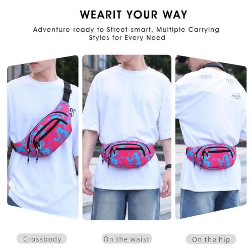 Large Fanny Pack for Women Men NSYOOMH, Crossbody Waist Bag 5-Zipper Pocket - color: Pink