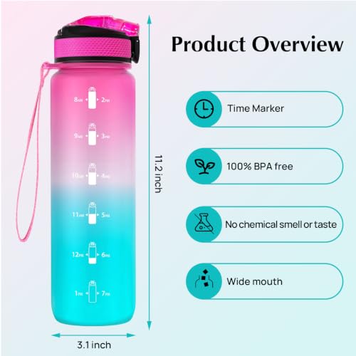 EYQ 32oz Water Bottle with Straw, Sports Bottle with Time Marker - color: 2.Fuschia/Green Gradient