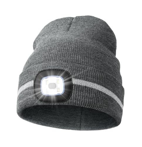 MELASA Reflective Stripe Beanie with the Light, Warm Hat with Light Outdoor - color: Grey