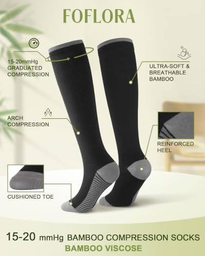 Bamboo Viscose Compression Socks|4Pairs 15-20mmHg Knee High Socks - color: Black, size: Small-Medium