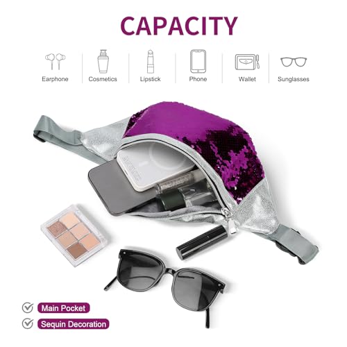Holographic Sequined Fanny Packs for Women, Waist Belt Bag Fashion, Crossbody Bum Bag for Running, Purple - color: Purple