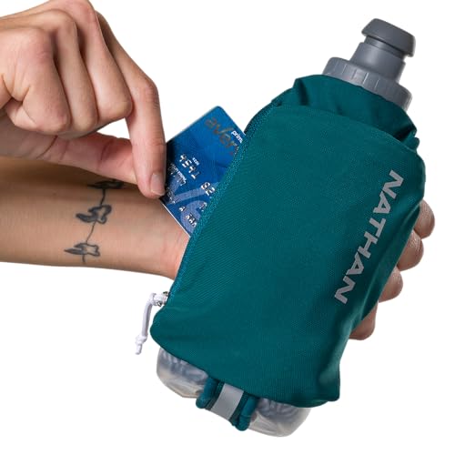 Nathan SpeedDraw 2 Insulated Handheld Running Water Bottle Flask – Double-Wall Insulation, Ergonomic Grip, Blast Valve Cap, Phone & Key Storage Pockets, Reflective Design, 12oz Insulated - Deep Teal - color: 12oz Insulated - Deep Teal