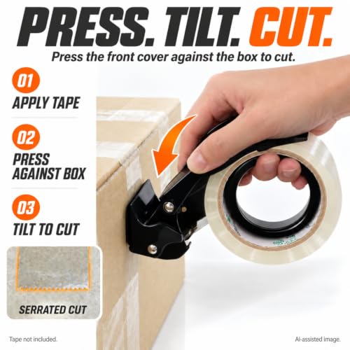 Metal Packing Tape Dispenser Gun, Metal Tape Gun Fits Packaging Tape with Dispenser up to 2 Inches, Adjustable Brake Tape Gun Handheld Sealing Cutter for Warehouse Tools Black