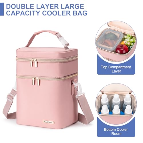 Breastmilk Cooler Bag with Ice Pack Fits 6 Baby Bottles Up to 9 Ounce, Double Deck Leak-Proof Baby Bottles Bag with Shoulder Strap for Nursing & Working Mom, - color: Pink