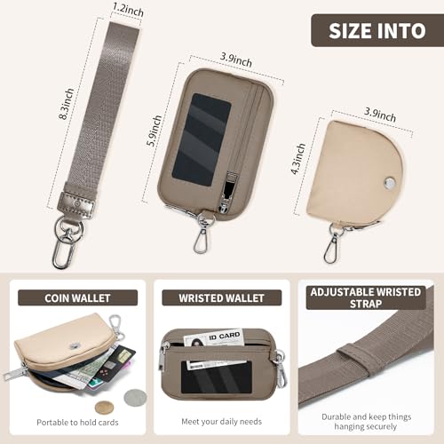 Keychain Wristlet Wallet for Women Zippered Dual Pouch Wristlet Nylon Coin Purse Small Wallet with Key Ring - color: Khaki+Brown