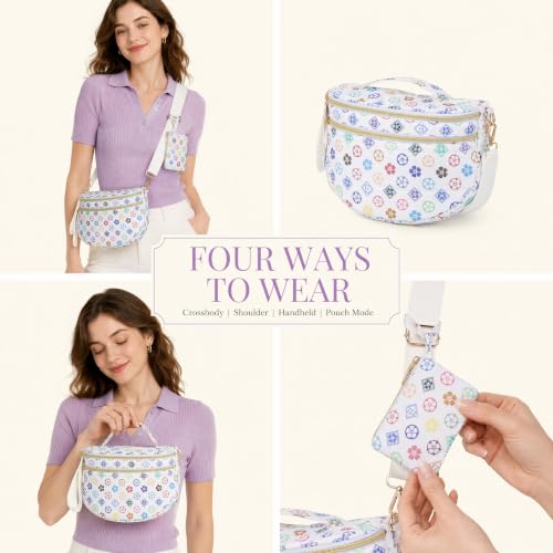 Makes Checkered Crossbody Bag Bum Bag for Women with Pouch - color: Puffer Triwhite Flower