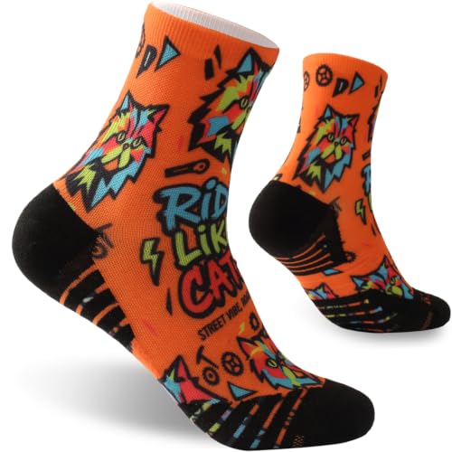 NIcool Cycling Socks For Men, 1/3 Pairs Bright Seamless Compression Running Crew Socks Youth Cushioned Tennis Quarter Socks - color: 1 Pair Bright Orange/Cat Print
