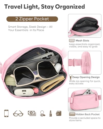 Pritent Fanny Packs for Women Crossbody Belt Bag With Zipper Back Pocket - color: Light Pink, size: Large