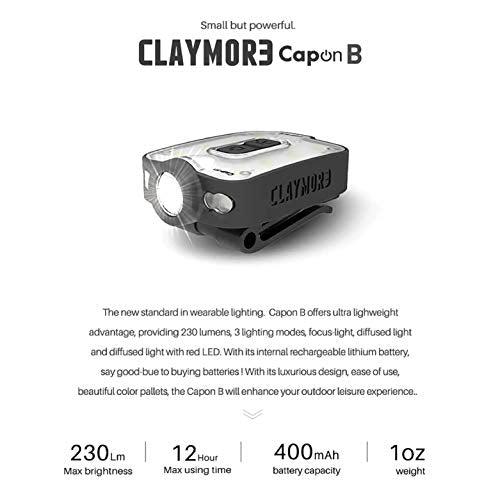 Claymore Capon 40B Red Clip-On Cap Light – USB-C Rechargeable 230LM LED Headlamp | 3 Light Modes 180° Adjustable Beam IP54 Water Resistant Up to 12 Hrs Runtime for Camping, Running, Outdoor - color: 40B (Red)