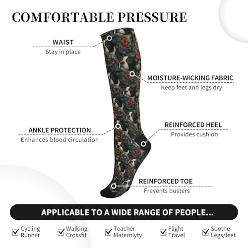 FREEHOTU Compression Knee High Socks for Women/Men Circulation 15-20 Mmhg - color: Boston Terrier Floral