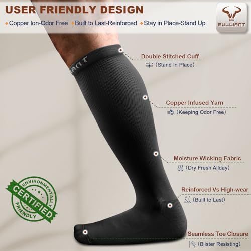 BULLIANT Men's Cushioned Compression Knee High Sports Recovery Socks 3Pack - color: 3pairs-black6510, size: Large-X-Large