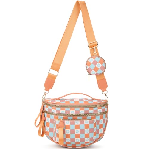 Makes Checkered Crossbody Bag Bum Bag for Women with Pouch - color: Triorange Checkered