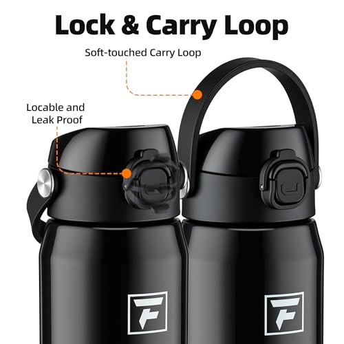 Fanhaw 24oz Stainless Steel Water Bottle with 2-in-1 Lid, Glossy Black - color: Glossy Black
