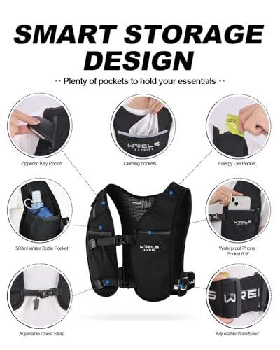 WRELS Running Vest for Women Men,Lightweight Reflective Hydration Vest with TPU 500ml Soft Flask,Adjustable Chest Straps Phone Pocket for Running Marathon - size: Small-Medium