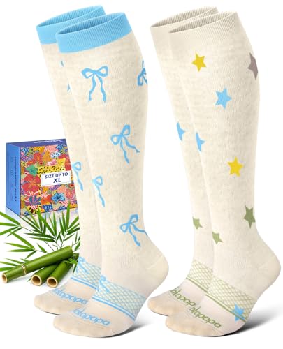 Bamboo Viscose Compression Socks for Women - color: Pastel Bow Stars, size: Large-X-Large