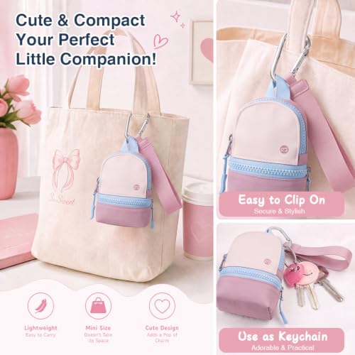 Babysun Mini Backpack Keychain Wristlet Pouch Small Change Coin Purse Cute Zipper Wallet With 3 RFID Card Slots For Women/Men Airpods Cosmetics - color: Pink Blue