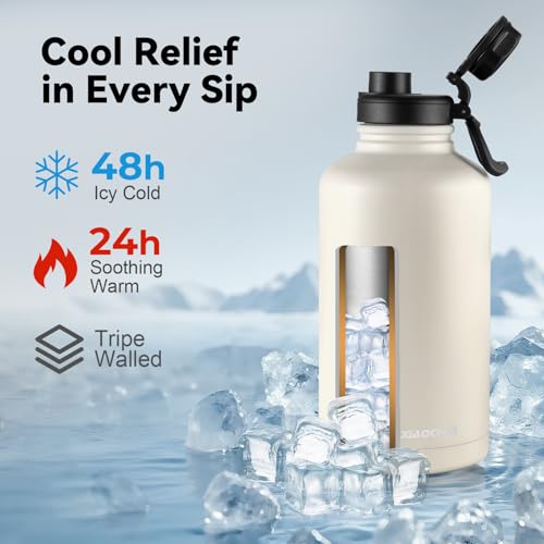 KXIAOCHEN Insulated Water Bottle with Strap, 48-Hour Cold, 2 Lids - color: Cream-B, size: 64 Ounces