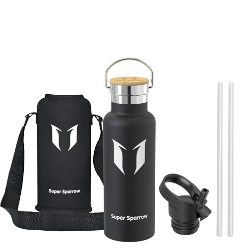 Super Sparrow Stainless Steel Insulated Sports Straw Lid Water Bottle - 500ml - BPA Free - Black - 16.9 Ounces - Hiking, Cycling, Running, Yoga - color: Black, size: 16.9 Ounces