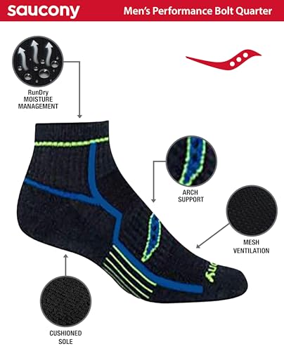 Saucony Men's RunDry Bolt Performance Quarter Socks, Available in L-XL (6, 12 Pairs) - color: Grey (6 Pairs), size: Large