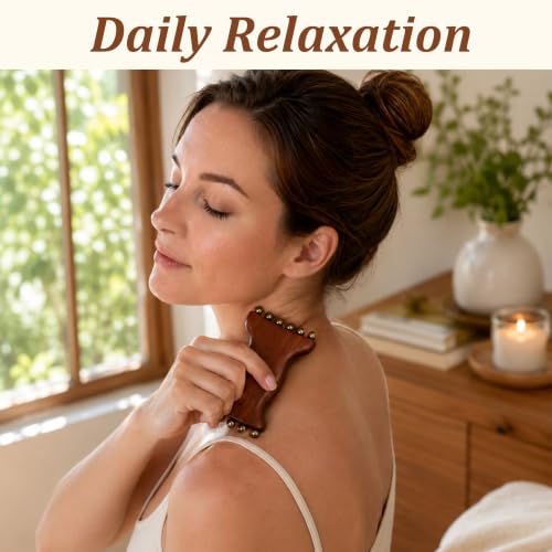 Dual-Head Cooling Copper Beads Arm Massager and Sandalwood Acupoint Pen for Feet, 2-in-1 Odorless Wood Therapy Tools for Lymphatic Drainage and Muscle Recovery, Home Spa Manual Massager Set, 2pcs