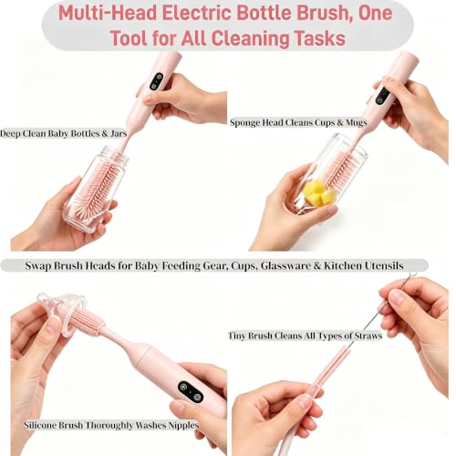 Electric Bottle Brush, Rechargeable Auto Spinning Bottle Cleaner, All-in-One Cleaning Kit with Multi Brush Heads & Stir Stick for Baby Bottles & Drinkware, Great Household Helper and Ideal Gift - color: Light Pink