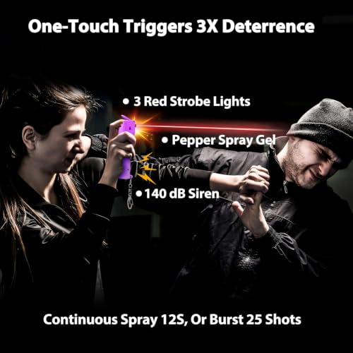 3-in-1 Pepper Spray Personal Alarm, 12ft Quick Release Gel UV Dye, 140dB Siren 3 Red Strobe, Women Wife Daughter Mother Girlfriend Love Safety Gift, Rechargeable, Refill Canister, Birthday Graduation - color: Purple