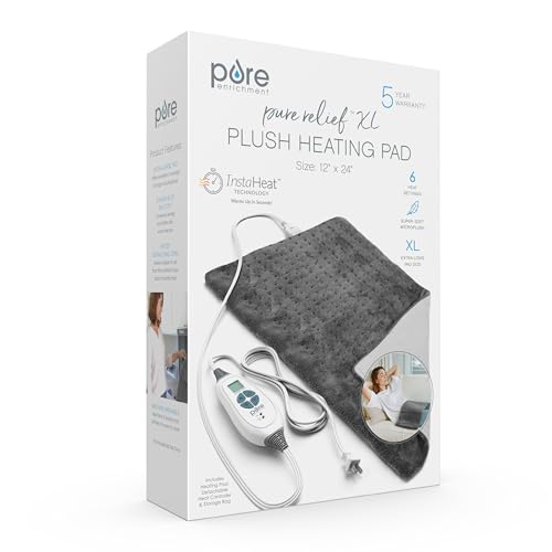 Pure Enrichment® PureRelief® XL Heating Pad - 12" x 24" Electric Heating Pad for Back Pain & Cramps, 6 Heat Settings, Soft Machine Wash Fabric, Auto-Off & Moist Heat (Charcoal Gray) - color: Gray