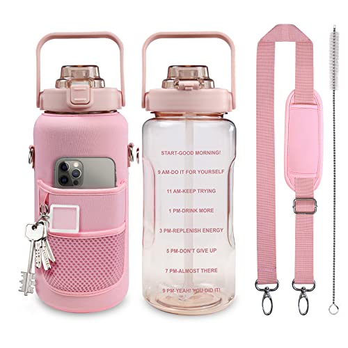 Half Gallon Water Bottle with Sleeve, 64OZ Motivational Water Bottle - color: Pink