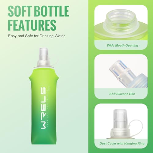 WRELS TPU Soft Flask Lightweight Portable Reusable Water Bottle,BPA Free Collapsible Flask for Hydration Pack in Running Hiking Cycling and Marathon - color: Green-500ML*2