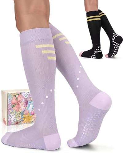 Compression Socks with Grips for Women Toe Pilates Socks Grippy Socks Woman Hospital Non Slip for Pregnancy Nurse - color: B02-Black/Purple