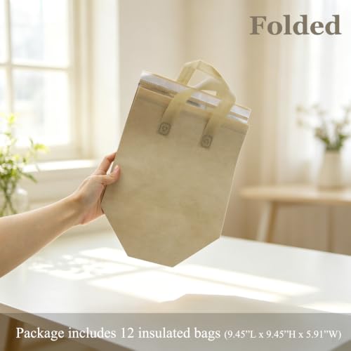 12 Pack Disposable Insulated Lunch Bags - Thermal Cooler Take Away Bag for Food Delivery Coffee Milk Tea Hot Cold Drink - color: Khaki, size: 9.45"(H) x 9.45"(L) x 5.91"(W)