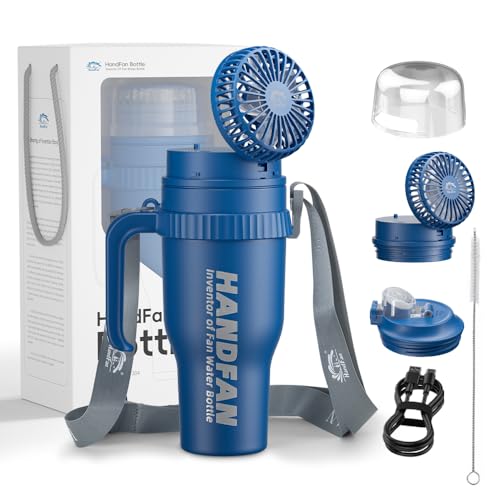 HandFan 40oz Tumbler with Handle, Cooling Water Bottle with Fan - color: Blue