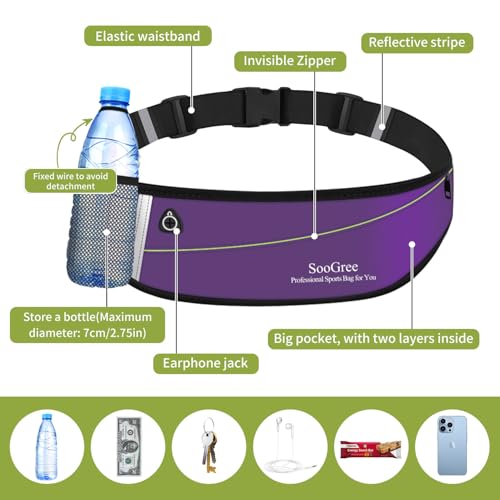 SooGree Slim Running Belt Fanny Packs for Women Men,Water Bottle Holder Hydration Fanny Pouch,Waterproof Sport Waist Pack with Reflective Strip,Runner Belt Bag for Running Cycling Camping Gym (Purple) - color: Purple