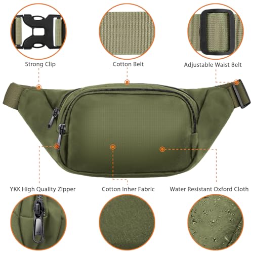 Large Fanny Pack for Women Men - Syican Waist bag with 3-Zipper Pockets - color: Army green
