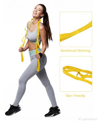 10 Loop Yoga Stretching Strap for Physical Therapy - Non-Elastic Exercise Band for Pilates, Yoga, Stretching for Women & Men - color: Yellow