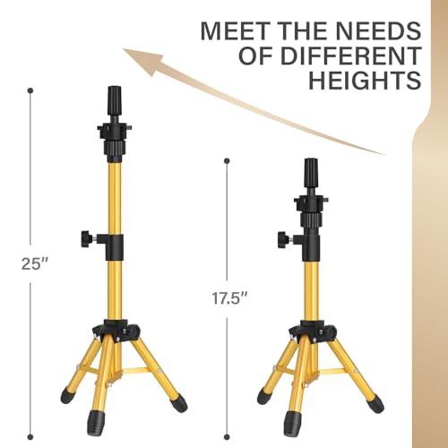 ZQIAN BEAUTY Wig Stand Tripod, 25 Inch Adjustable Mannequin Head Stand, Wig Head Stand for Training Heads And Canvas Block Head (Golden, Mannequin Head Not Included) - color: Golden, size: 25 Inch