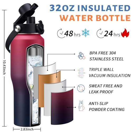 32 oz Insulated Water Bottle with Straw Lid - Pop-up Spout Lid, Carrier Bag - color: Gradient Claret, size: 32 Ounces