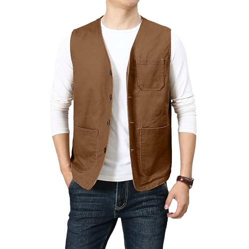 PRIJOUHE Mens Casual Cotton Vest Lightweight Outdoor Fishing Utility Vest - color: 02-brown, size: Medium