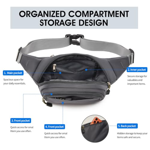 Large Fanny Pack for Men Women NSYOOMH, Crossbody Waist Bag 5-Zipper Pocket - color: Grey