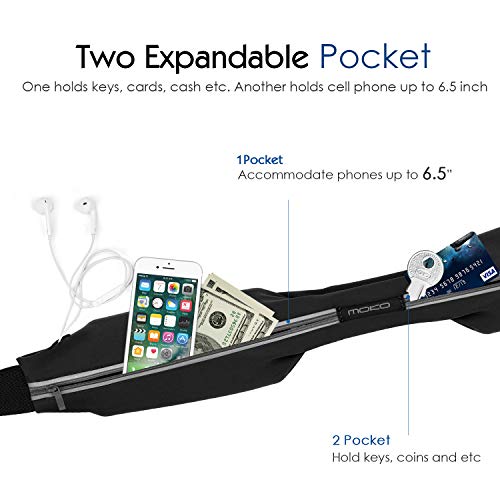 MoKo Running Belt, Dual-Pouch Reflective Waist Pack for 6.5 in Phones - color: Black