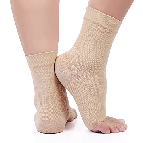KEKING Ankle Brace Compression Sleeve – Plantar Fasciitis & Achilles - color: Beige, size: Medium