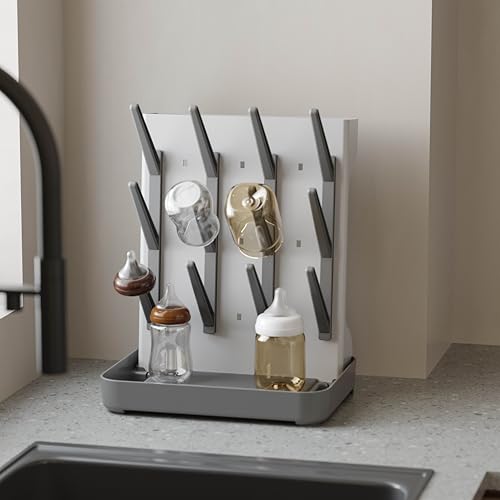 IEEK Baby Bottle Drying Rack,Large Vertical Drying Tower Bottle Rack Holder Space Saving Standing Drying Rack for Countertop-Holds 12 Baby Bottles and Cup,Etachable Travel Bottle Rack,Grey and White - size: Desktop bottle drying rack