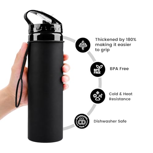 Collapsible Water Bottles 20oz, BPA-Free Silicone Foldable Water Bottle with Leak-Proof Lid Lightweight Portable Running & Travel Water Bottle for Hiking, Camping & Sports