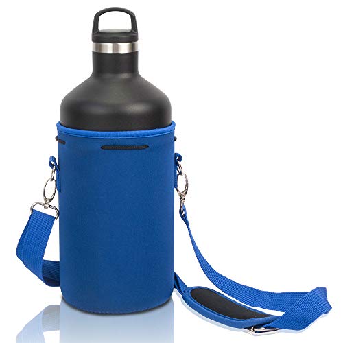 Made Easy Kit Neoprene Water Bottle Carrier Holder with Adjustable Shoulder Strap for Insulating & Carrying Water Container Canteen Flask Available in 5 Sizes (Blue, XL (64oz)) - color: Blue, size: X-Large 64oz
